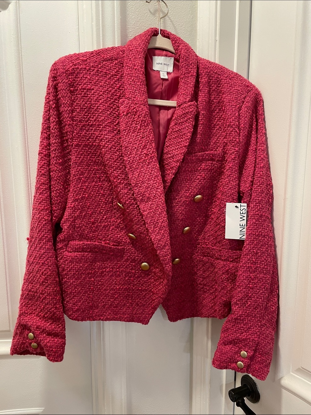 Nine West Raspberry Pink Tweed Double-Breasted Blazer